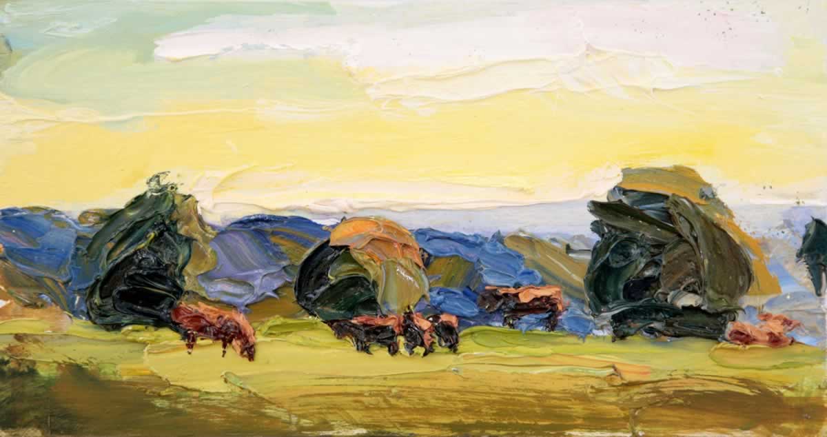 Yellow Sky and Cows over Chedworth  20 x 38 cm